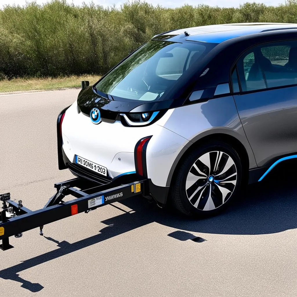 A BMW i3 being towed by a tow bar