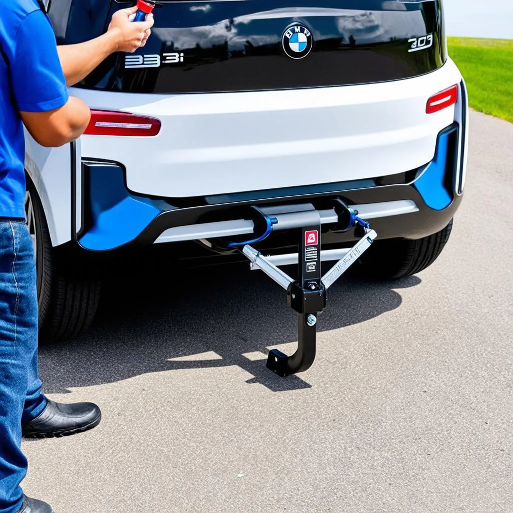 A technician installing a tow bar on a BMW i3