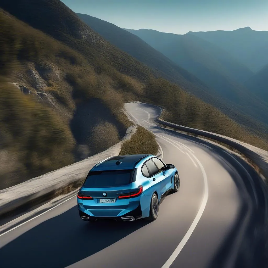 BMW iX driving on mountain road