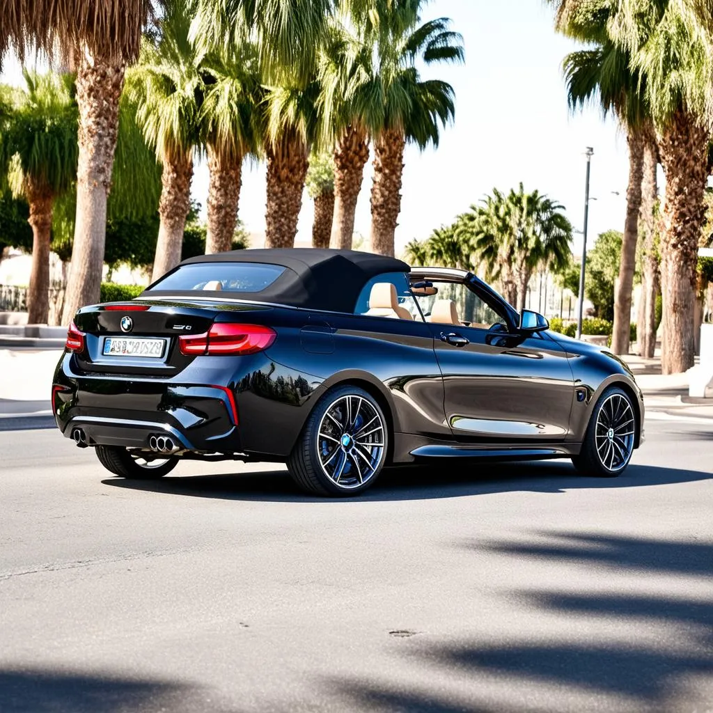 Sleek black BMW M240i xDrive Convertible parked on a tree-lined street in Beverly Hills