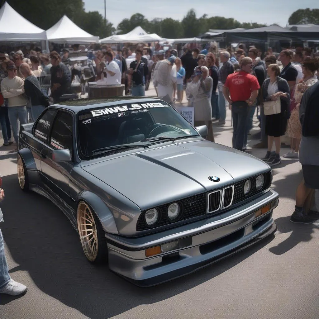 A 1990 BMW M3 Widebody: This image showcases a classic 1990 BMW M3 Widebody at a car show. The car is surrounded by enthusiasts, a testament to its lasting appeal. 