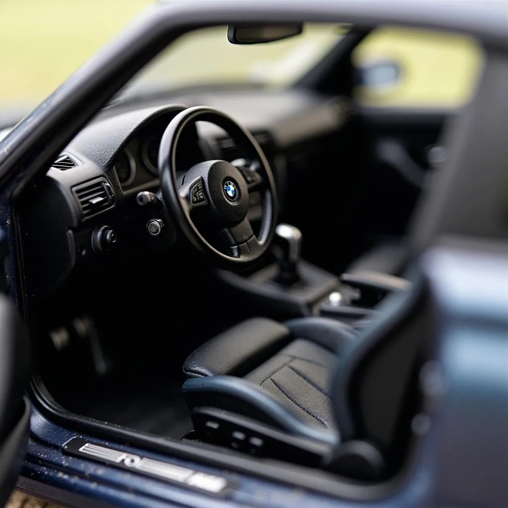 Close-up of a BMW M3 diecast model's interior