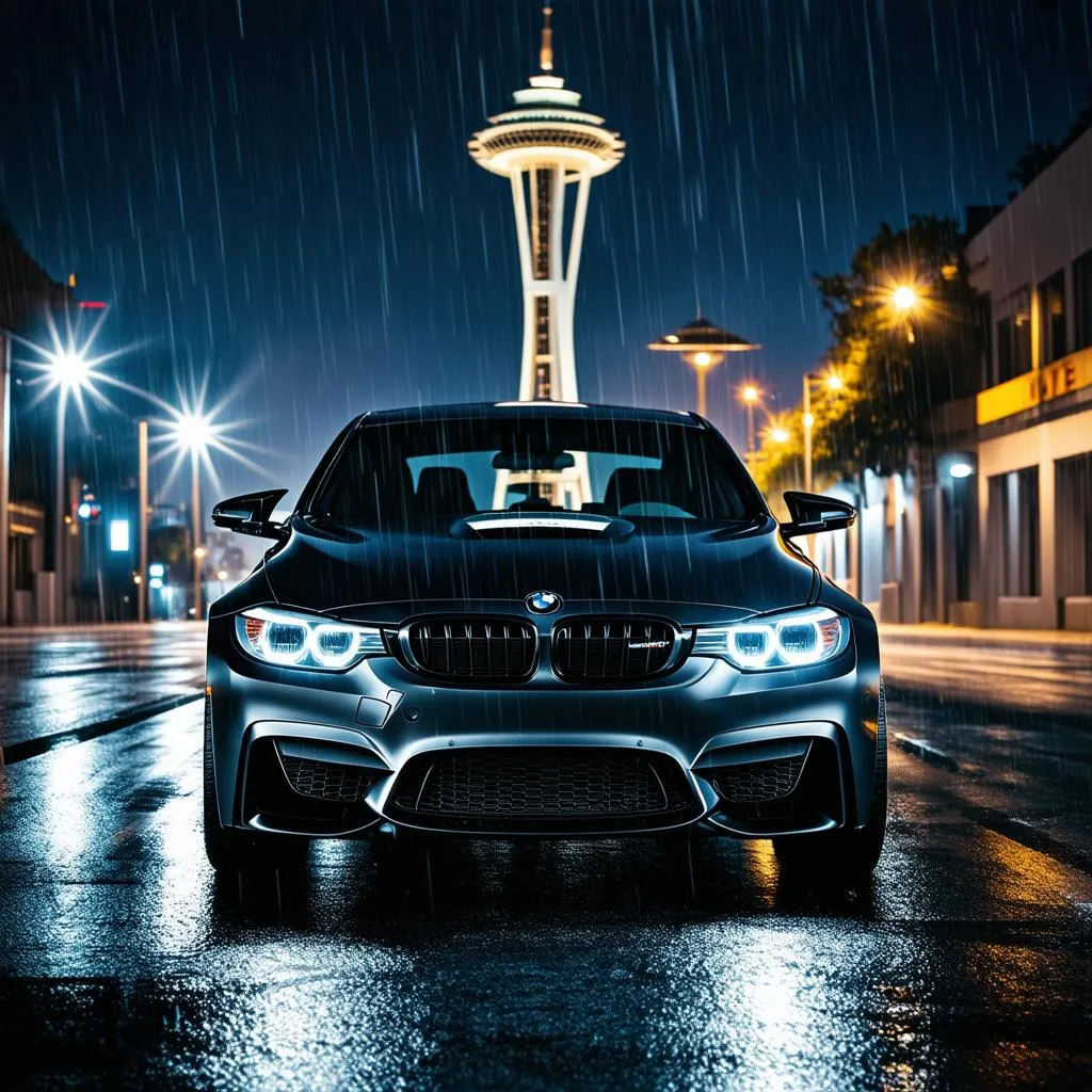 BMW M3 driving on Seattle streets at night