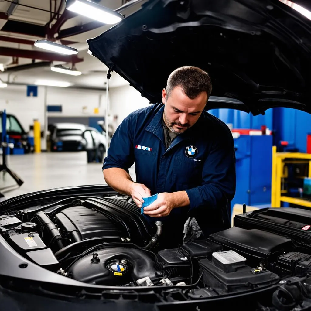 Mechanic inspecting a BMW M3 engine