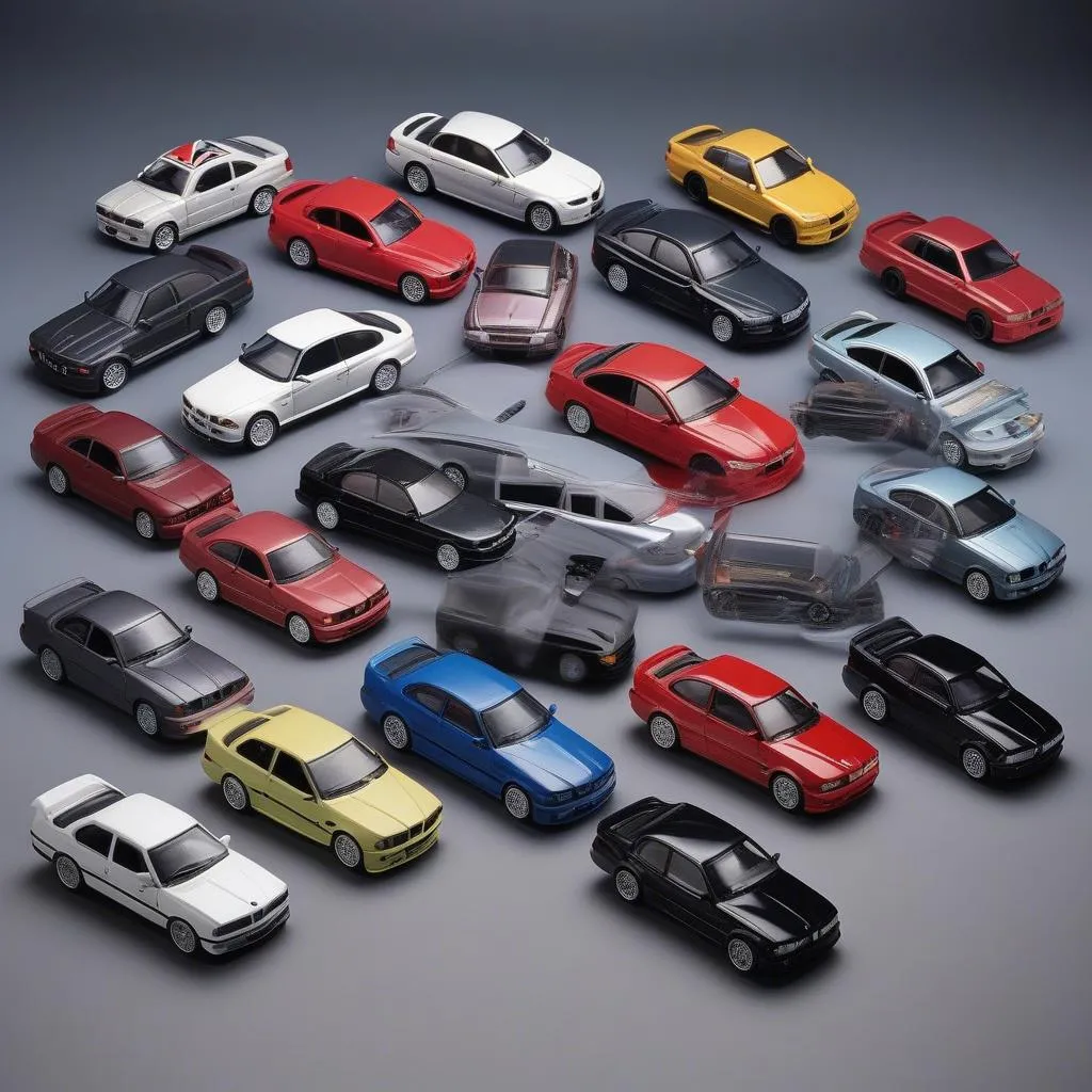 A collection of BMW M3 toy model cars displayed on a shelf