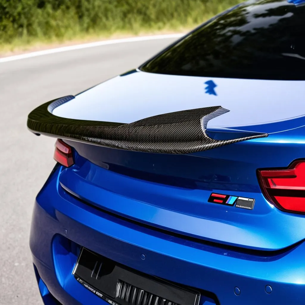 Rear view of BMW M4 with carbon fiber rear spoiler