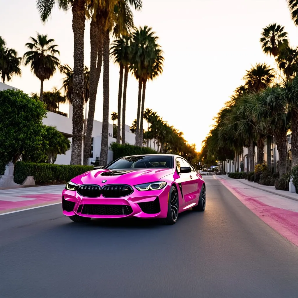 Pink BMW M8 driving down Rodeo Drive at sunset