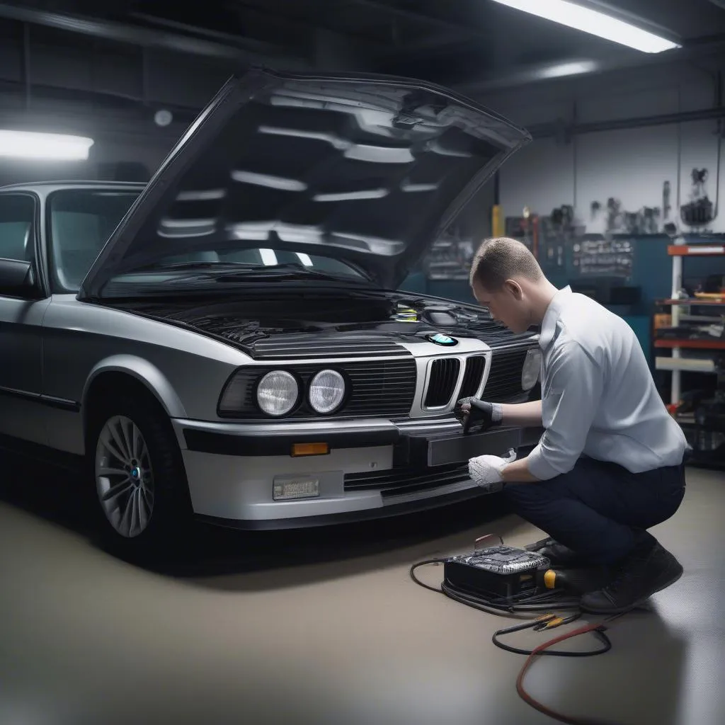 BMW mechanic inspecting car