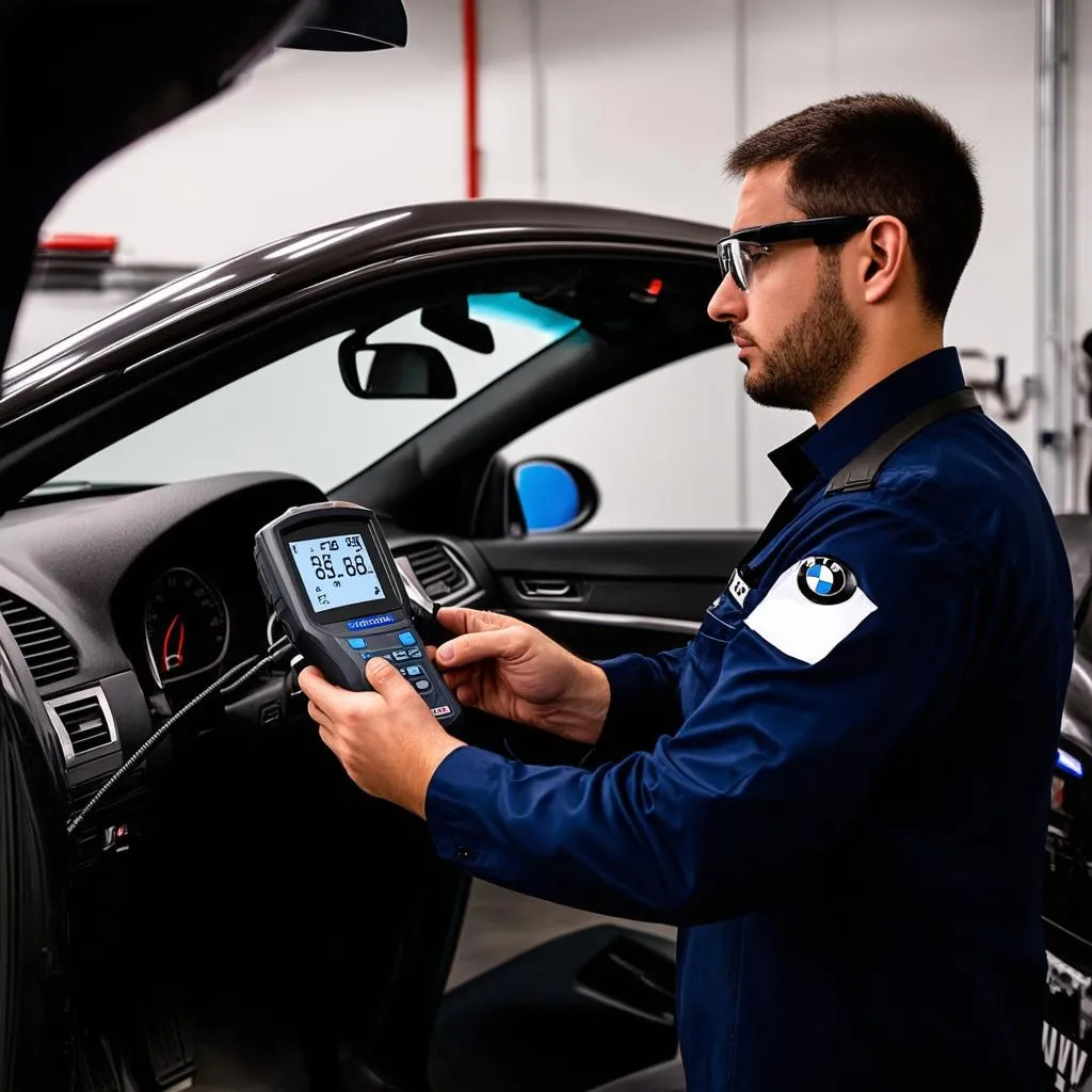 Expert BMW Technician Performing Vehicle Diagnostics