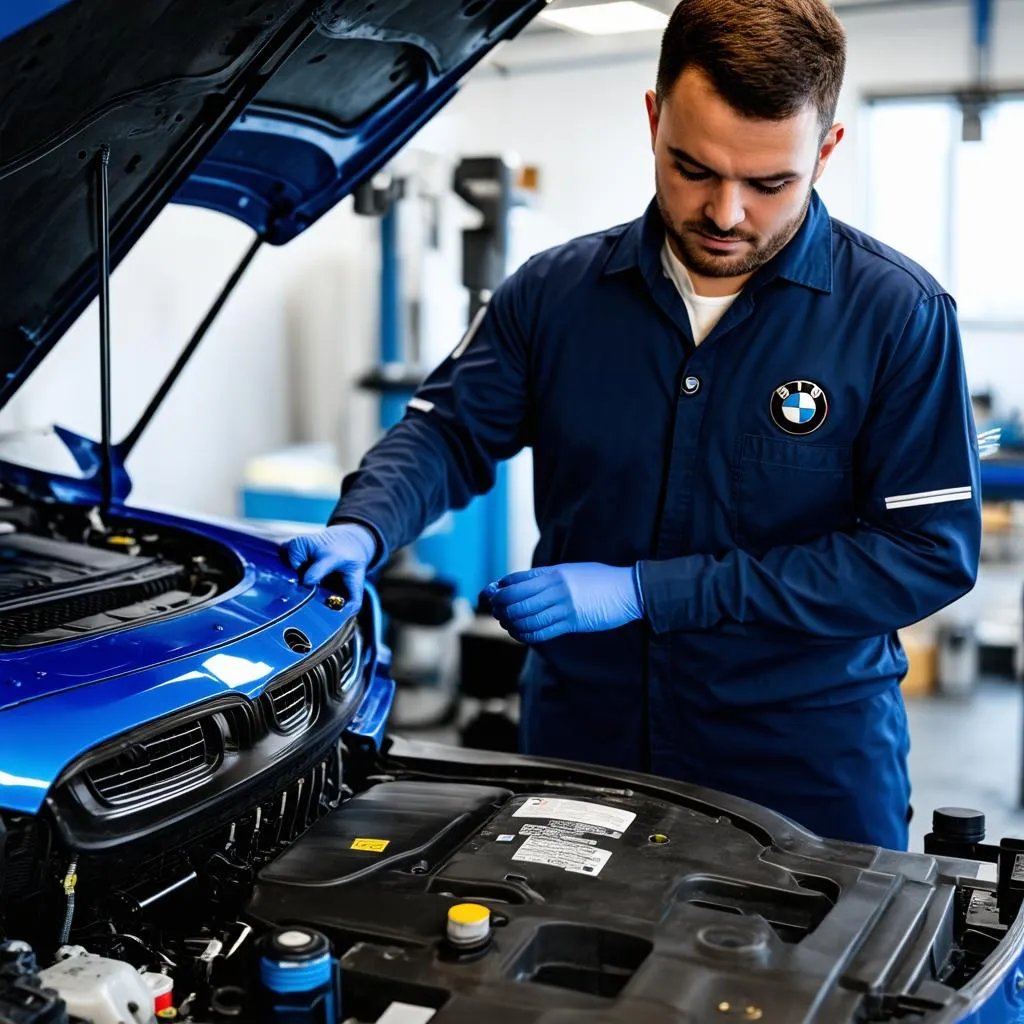 BMW Mechanic Checking Oil