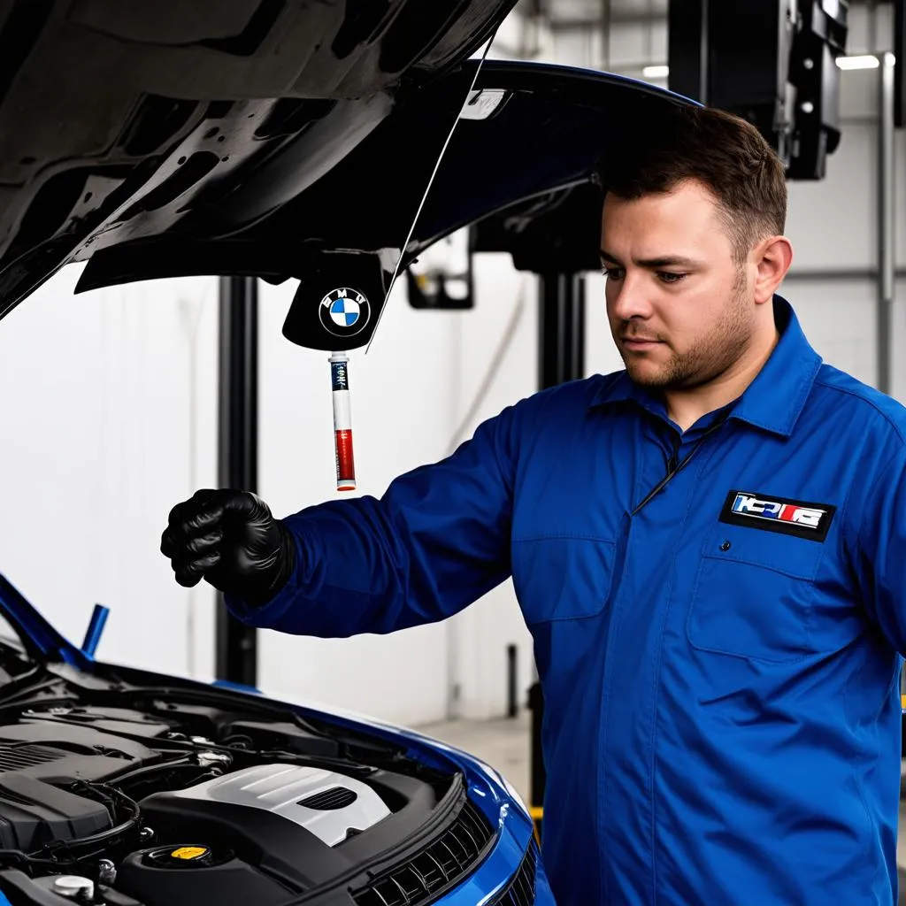 Mechanic inspecting engine oil in a BMW