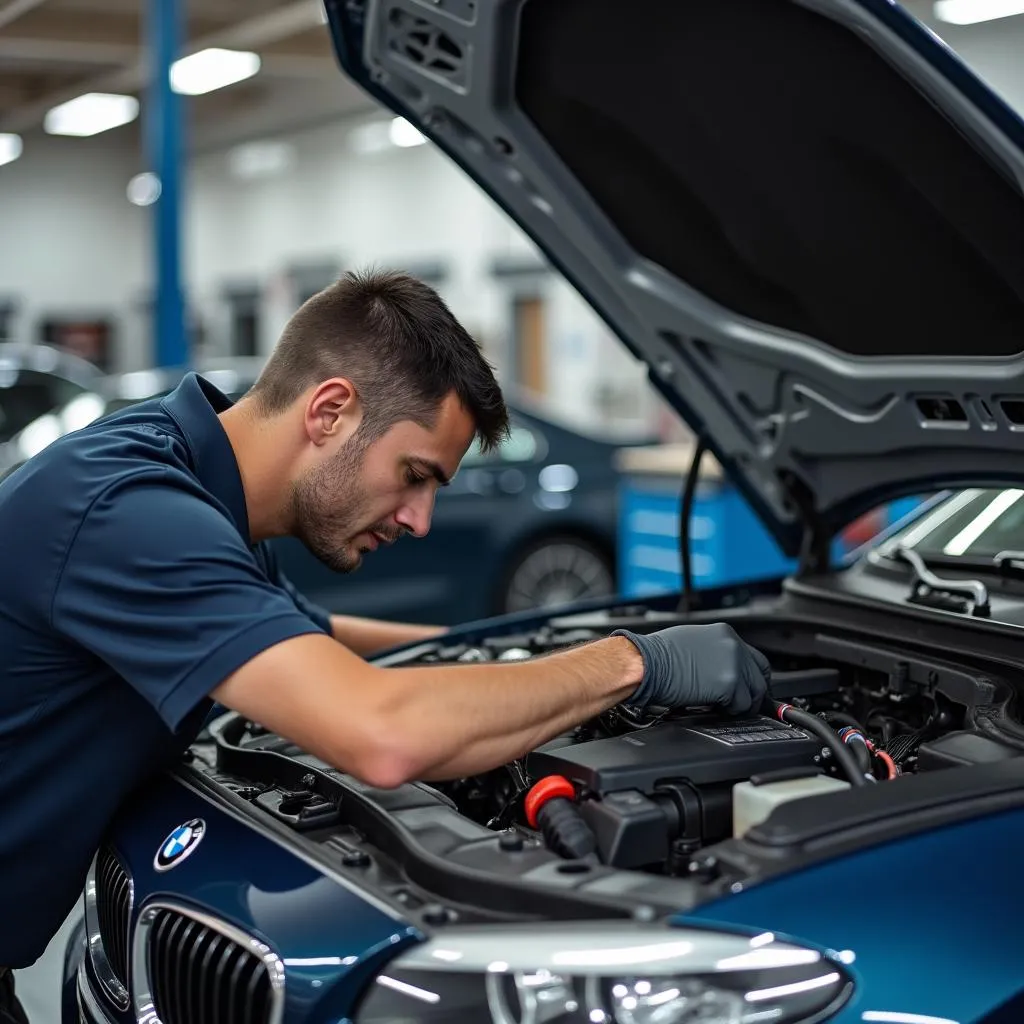 BMW mechanic in Crystal Lake inspecting a car engine