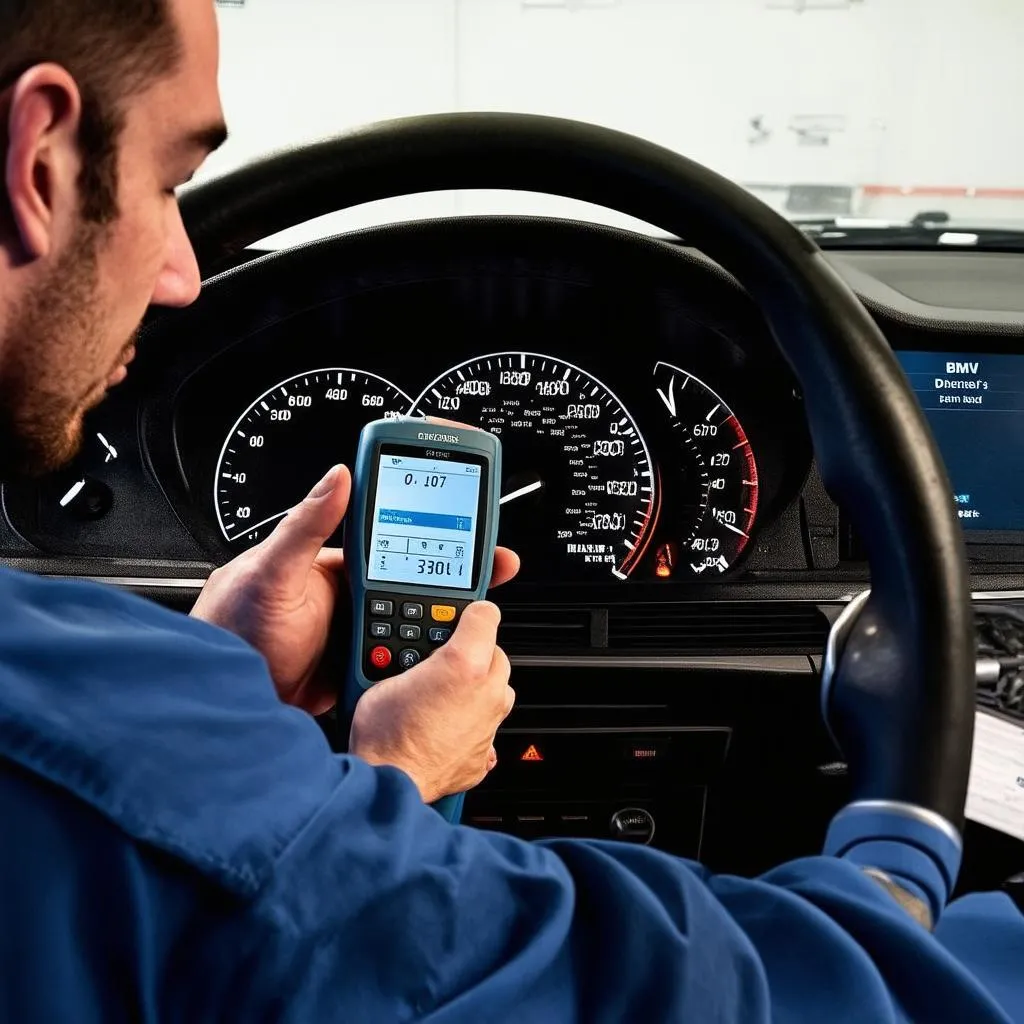 BMW mechanic diagnosing warning light