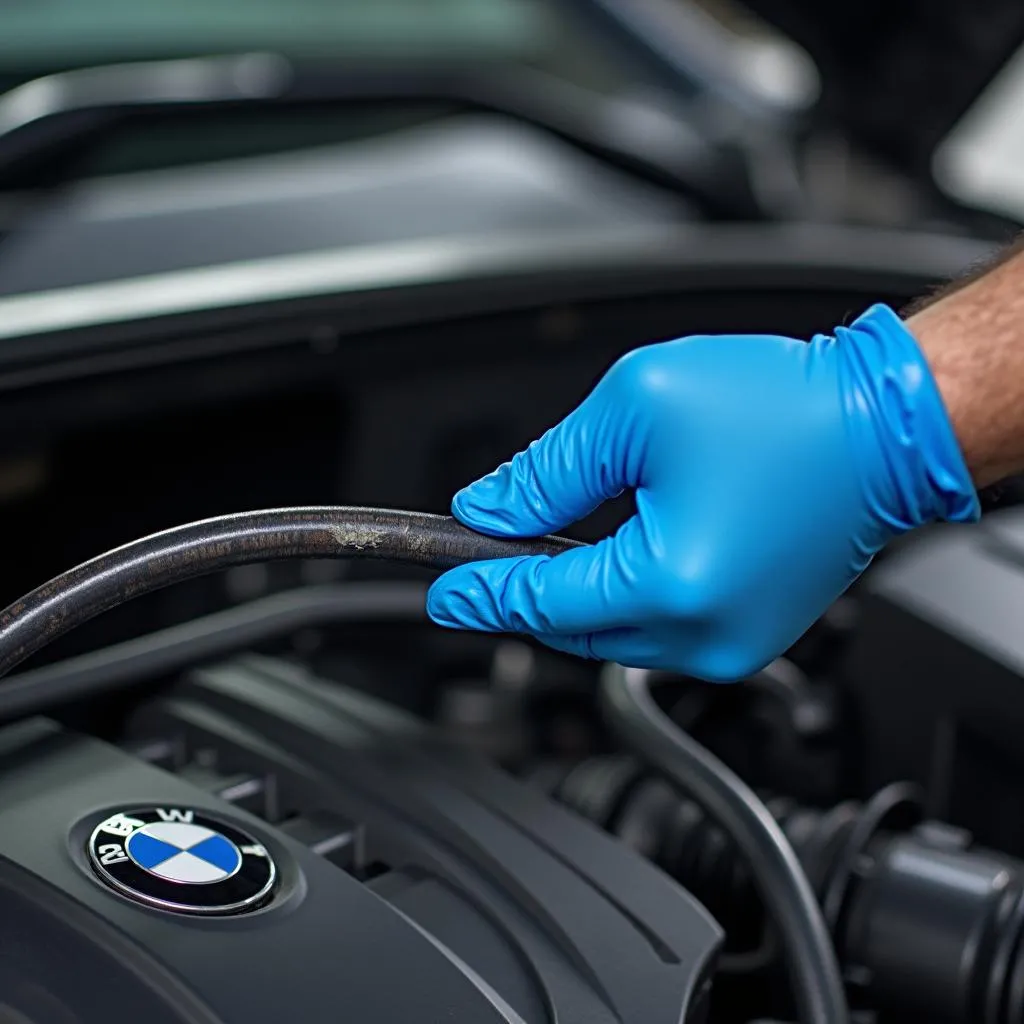 BMW Mechanic Inspecting Coolant Hose