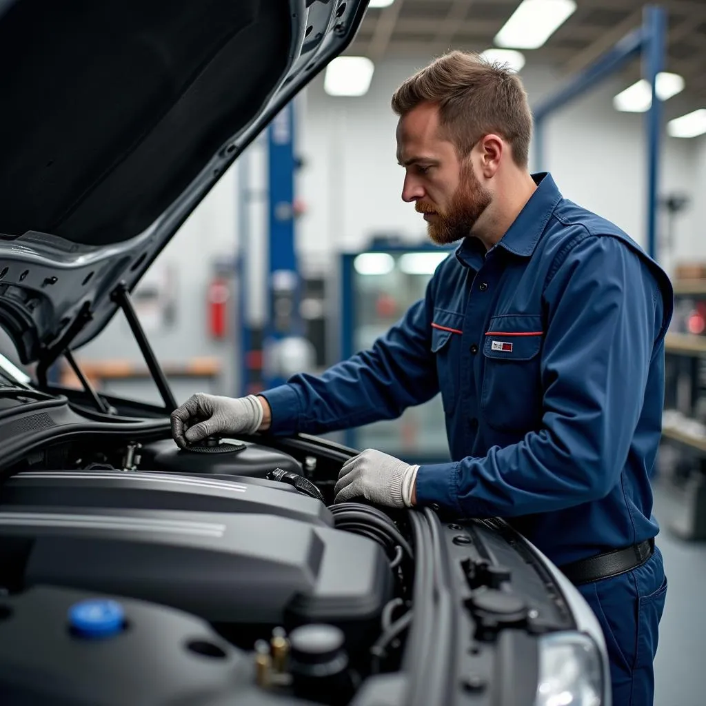 BMW Mechanic Inspecting Engine