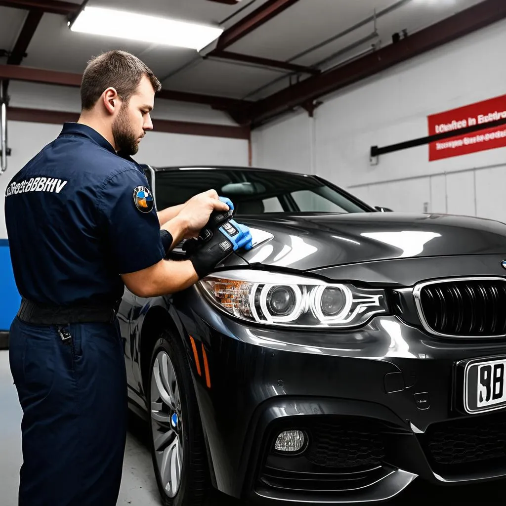 Mechanic Inspecting BMW Headlight