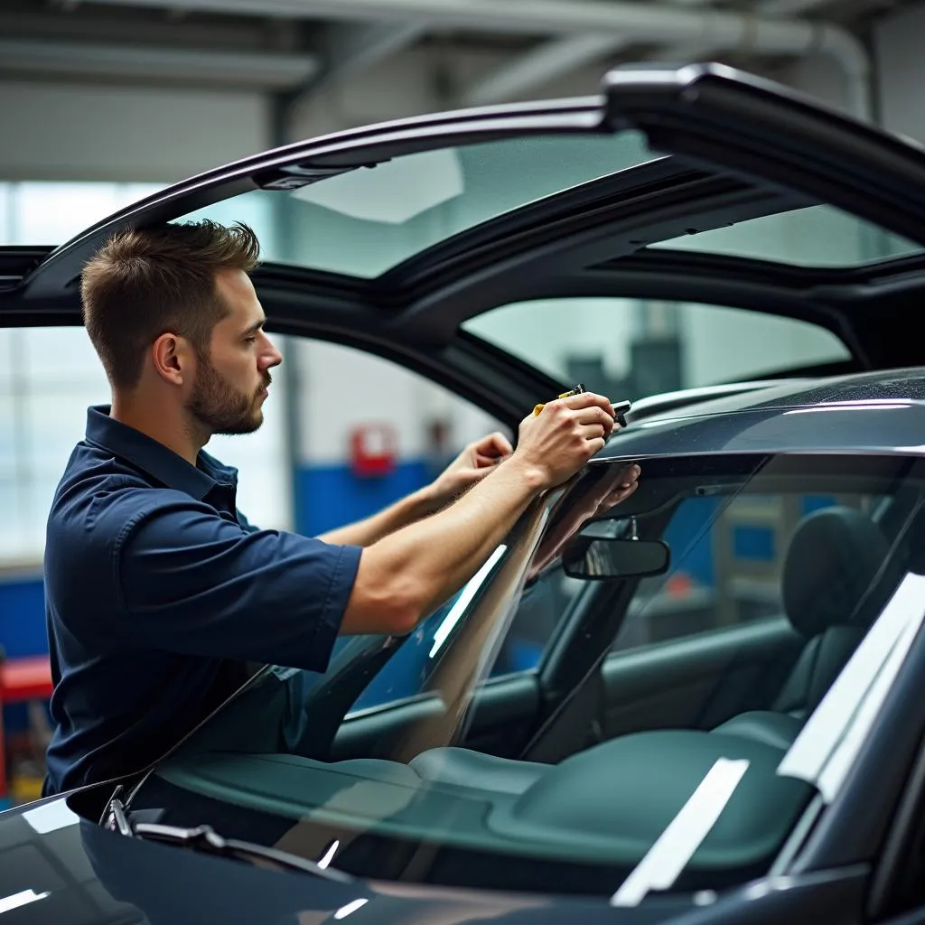 Mechanic Inspecting BMW Sunroof