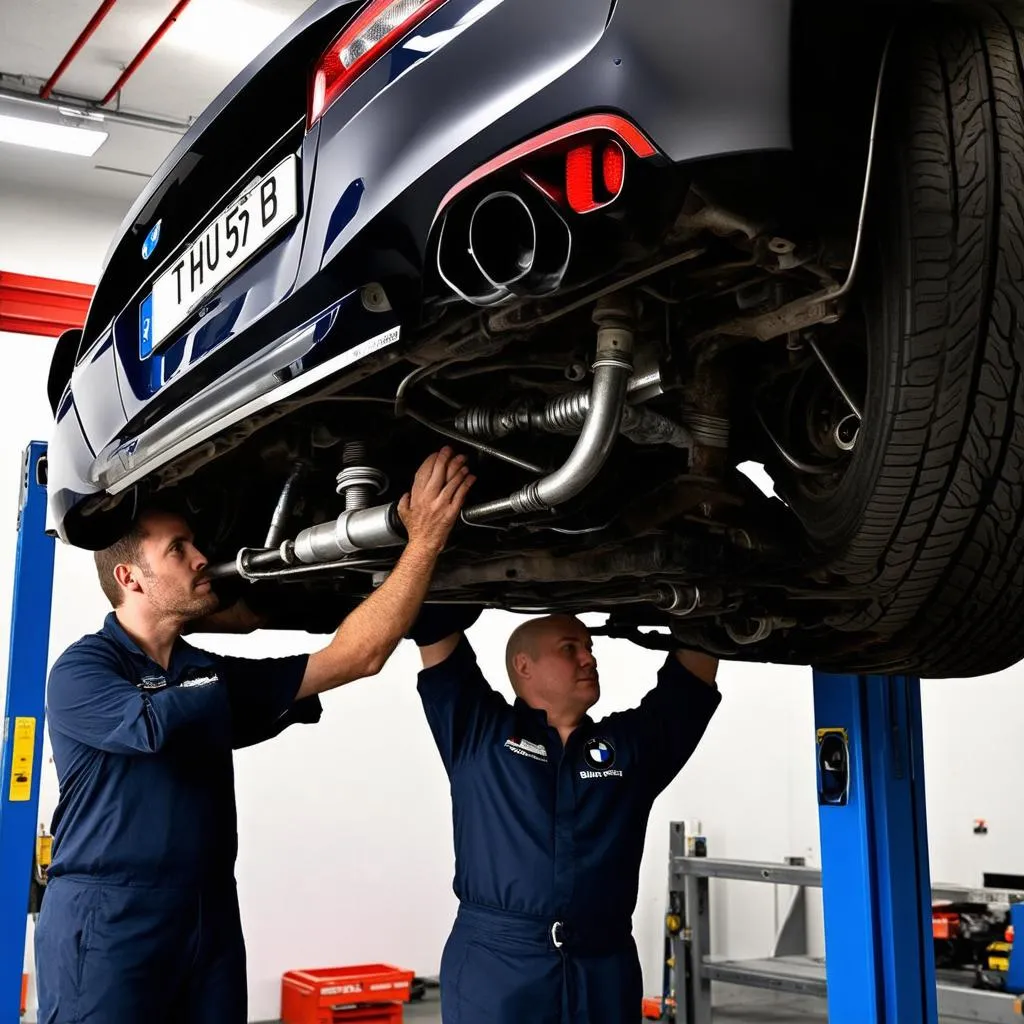 BMW mechanic inspecting suspension