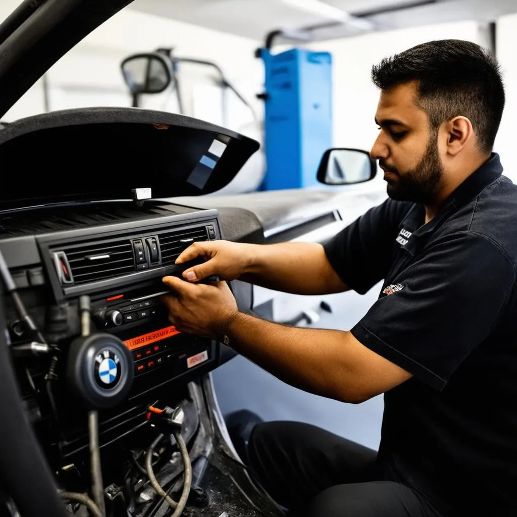 BMW mechanic repairing car radio