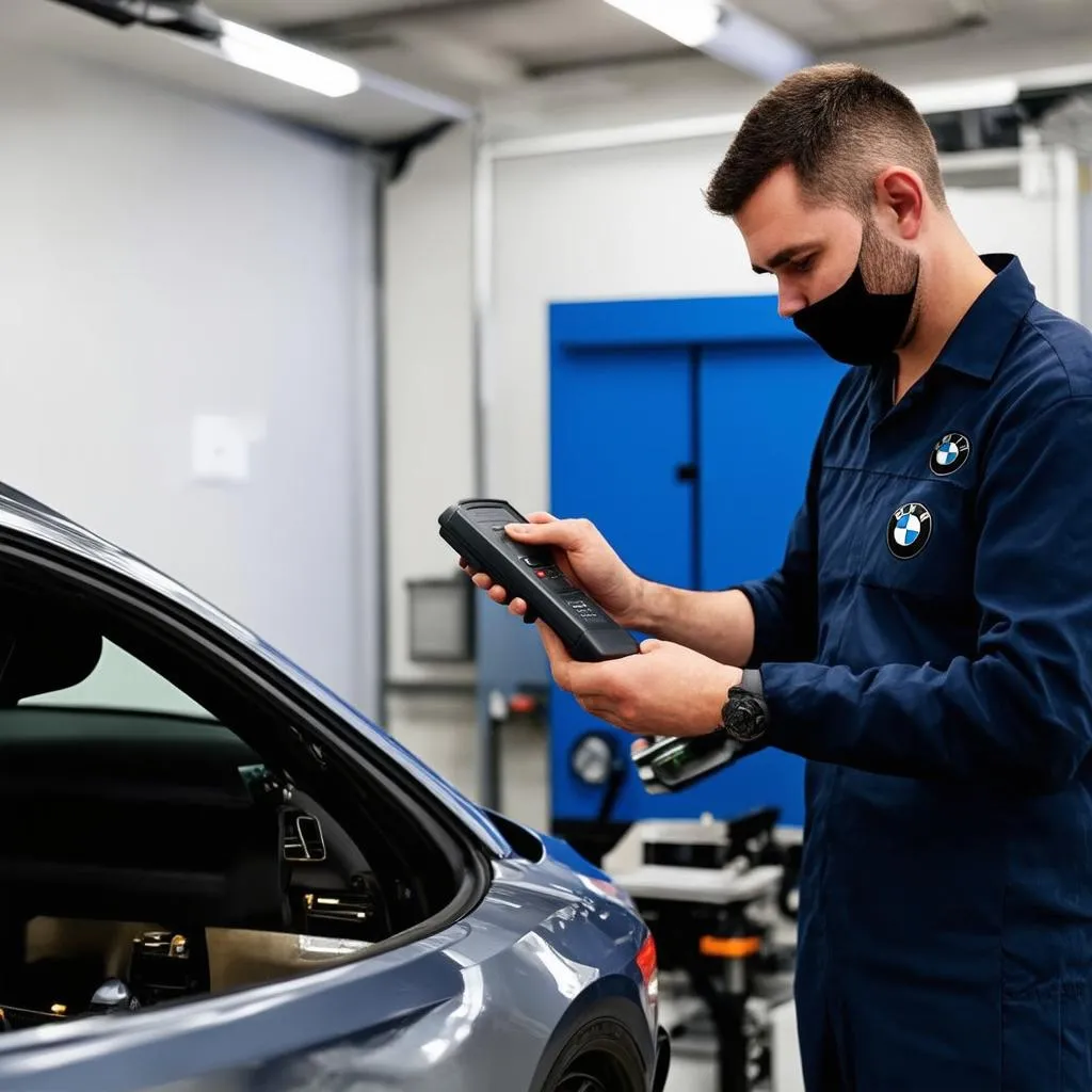 BMW Mechanic Using Diagnostic Scanner