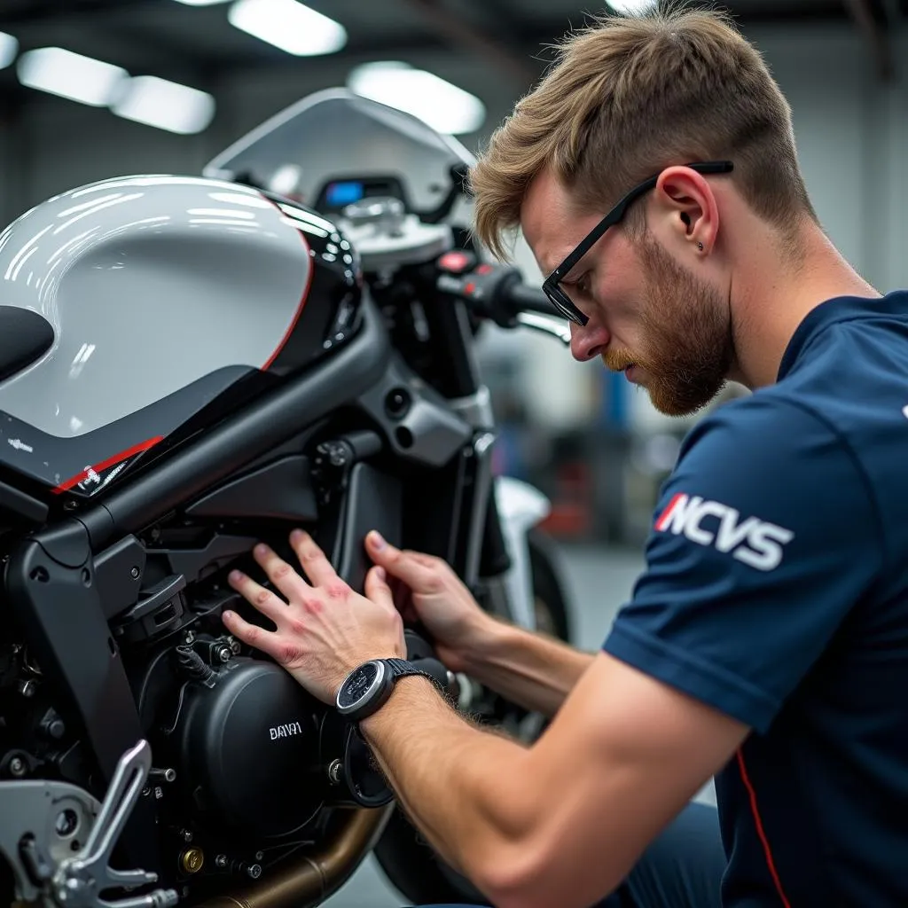  BMW Motorcycle Mechanic Inspecting Engine