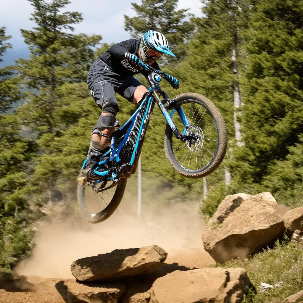 BMW mountain biker jumping over rocks