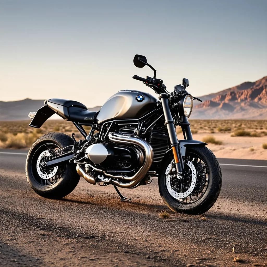 BMW R nineT Highway Fighter on a Desert Road