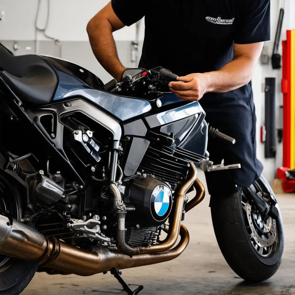 A mechanic working on a 96 BMW R1100R