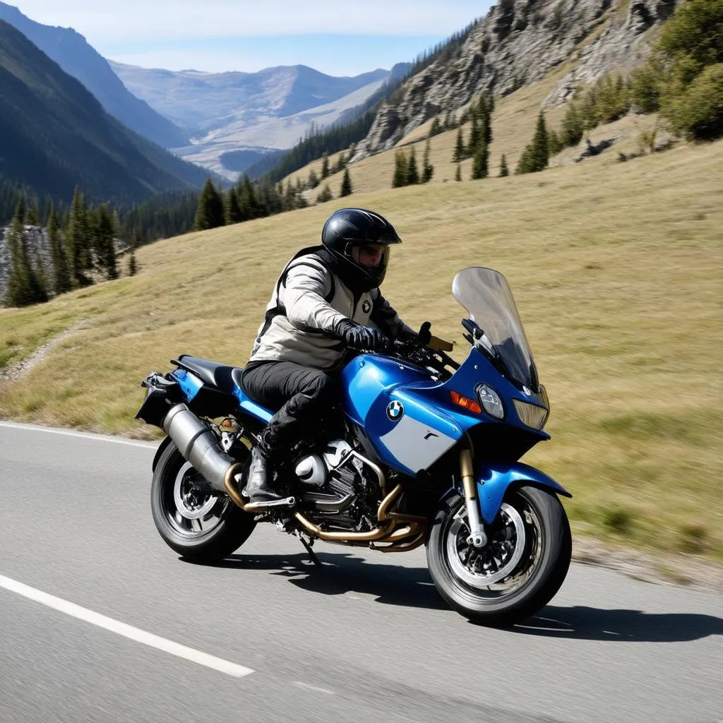 A 96 BMW R1100R cruising down a scenic road