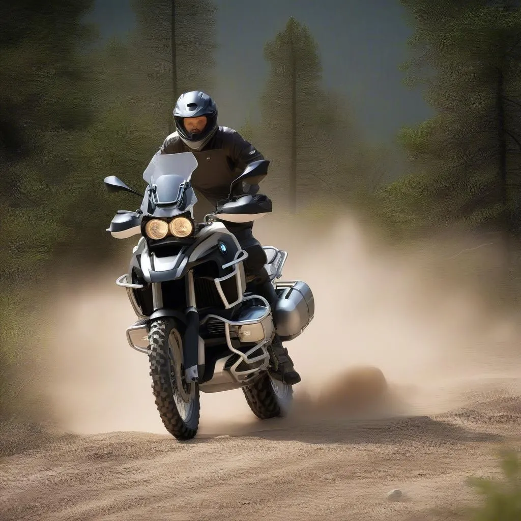 A BMW R1300GS navigating a challenging off-road trail