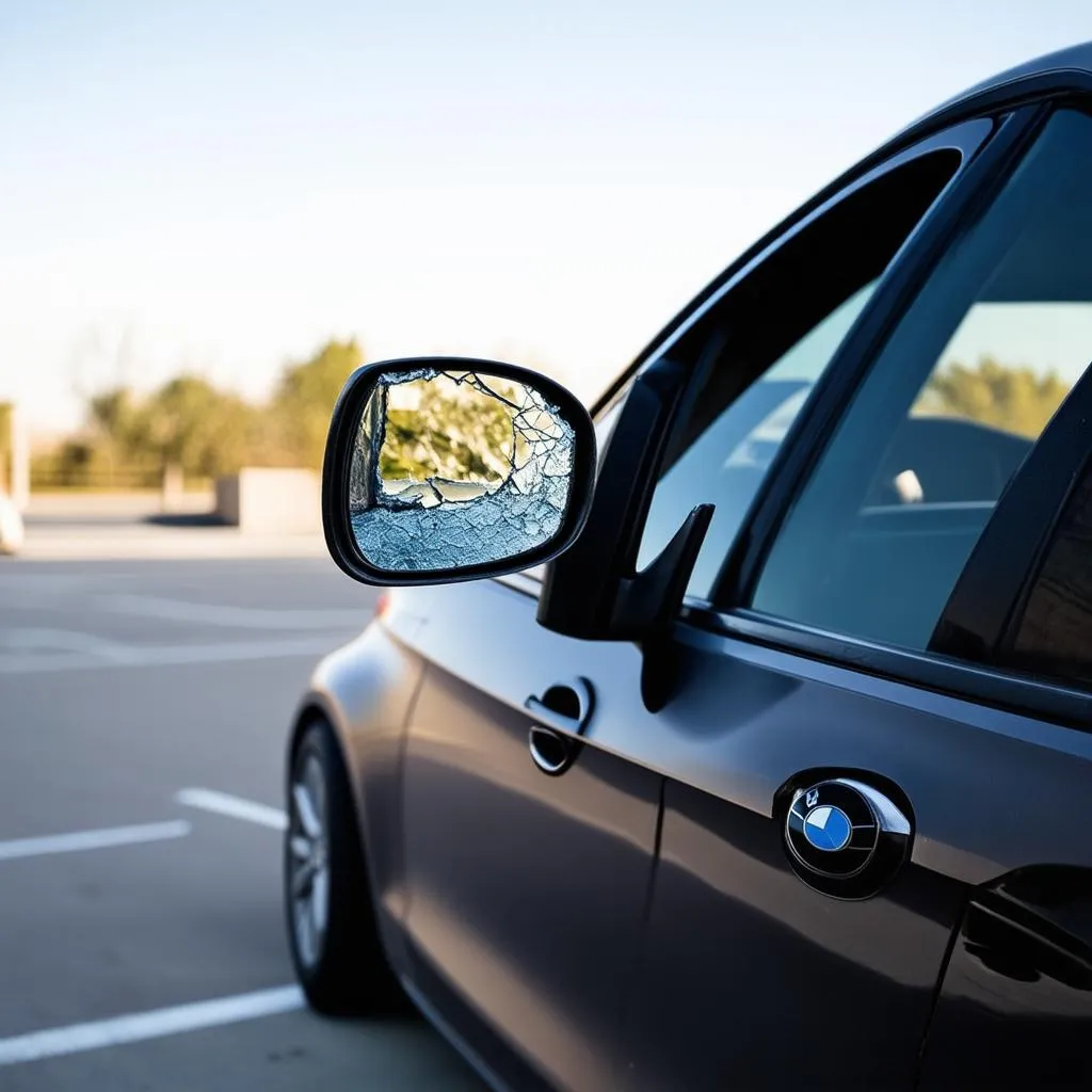 A BMW with a broken right mirror