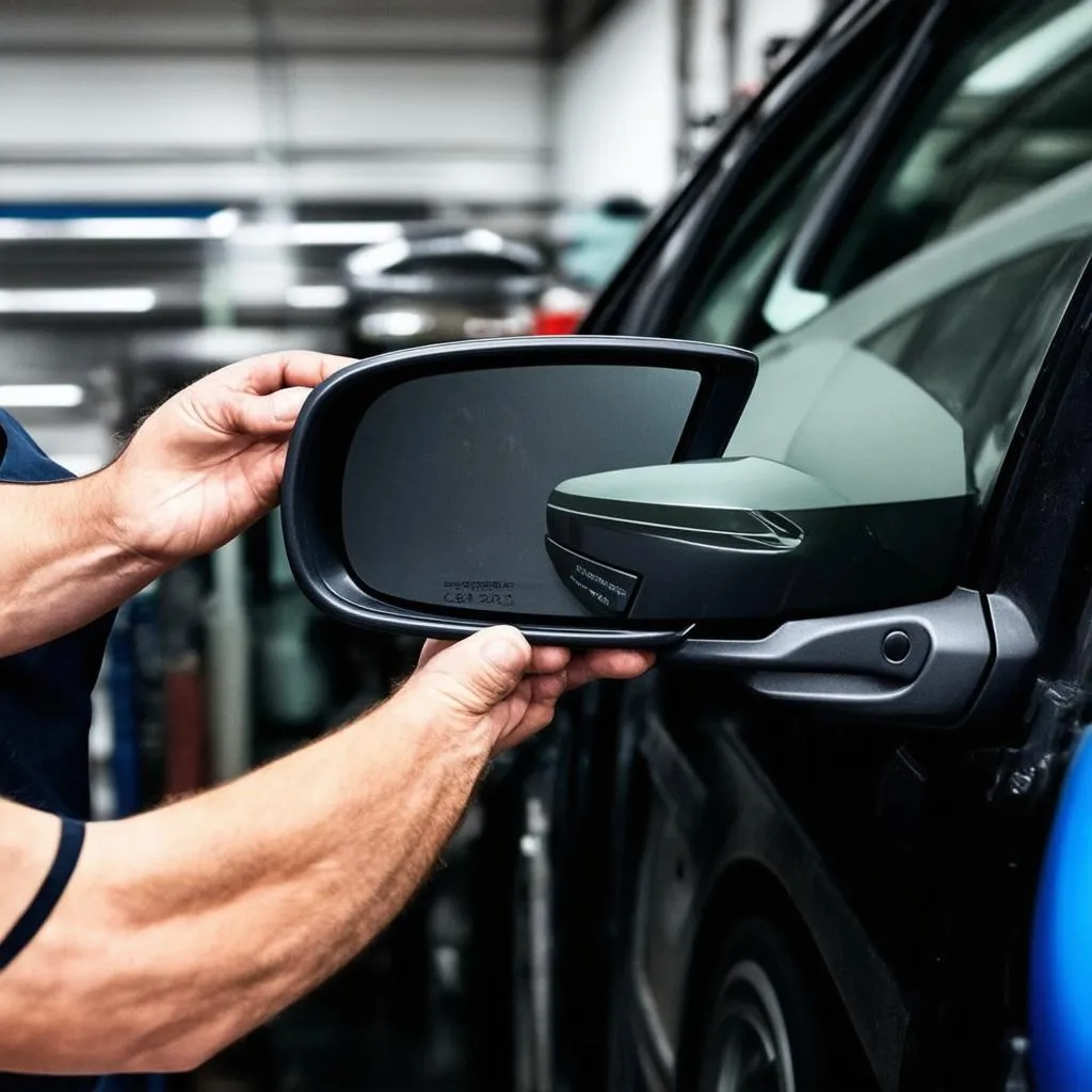 A mechanic replacing a BMW right mirror