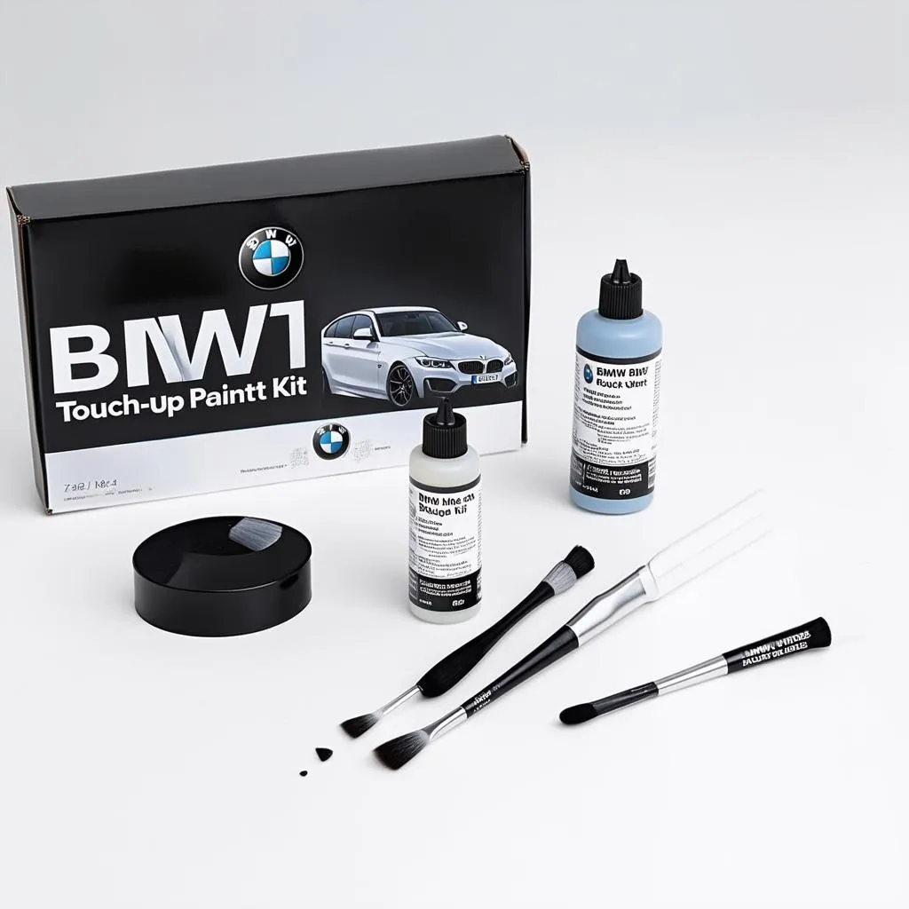 A BMW touch-up paint kit containing paint, clear coat, and application brushes.