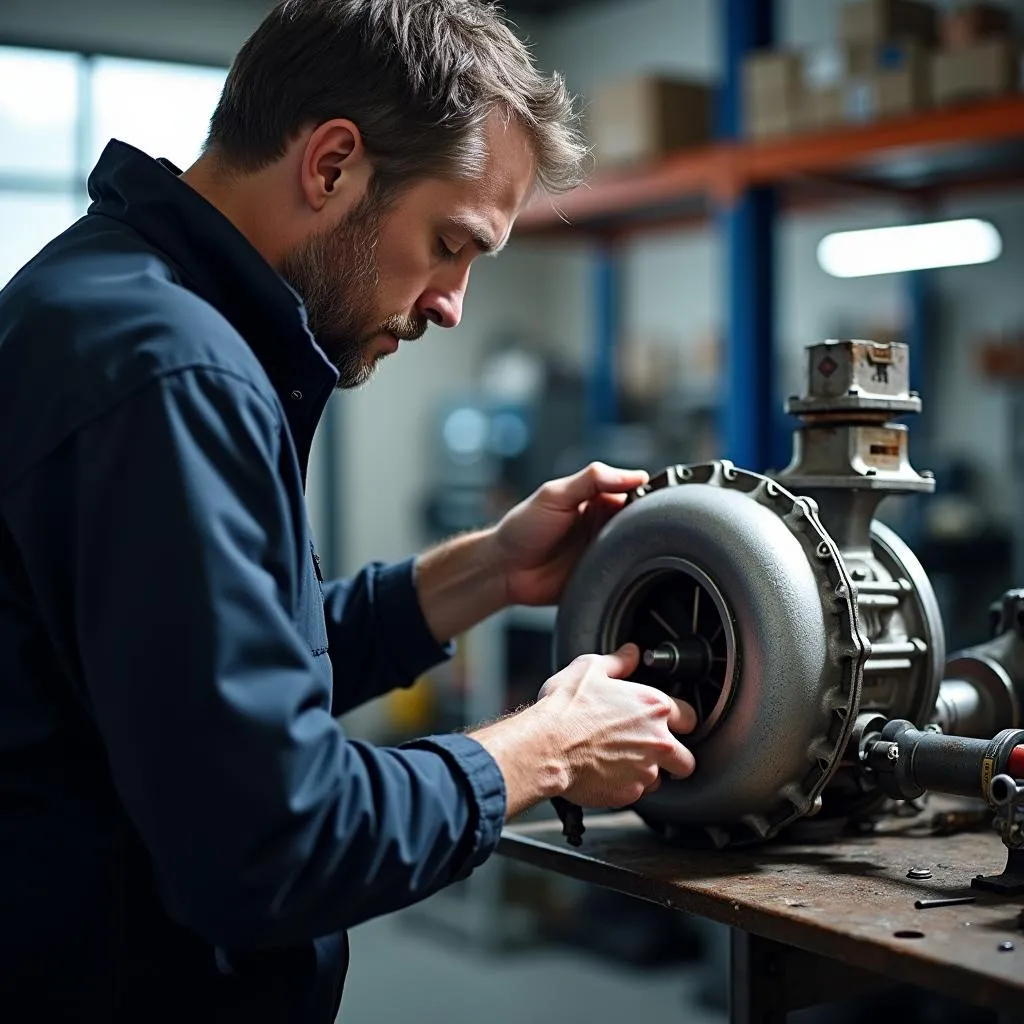 Mechanic inspecting a BMW turbocharger