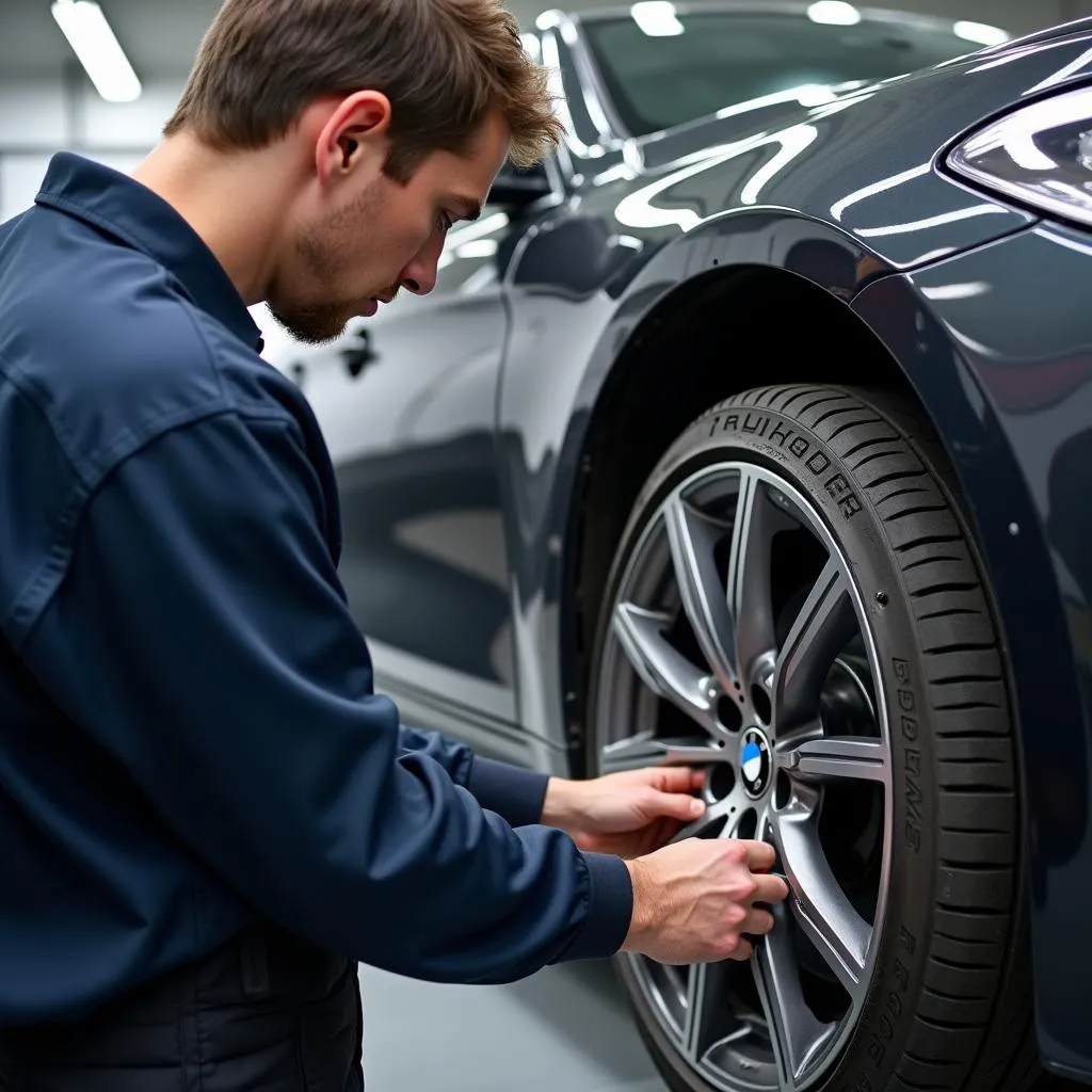 Mechanic installing a BMW wheel