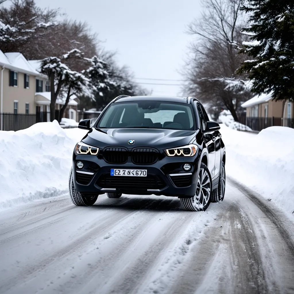 BMW X1 driving on a snow covered street