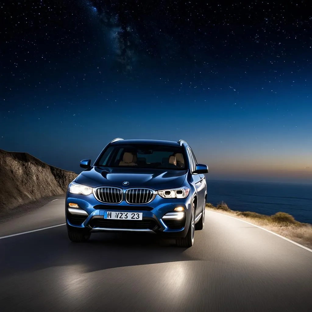 BMW X3 Driving on Coastal Road at Night