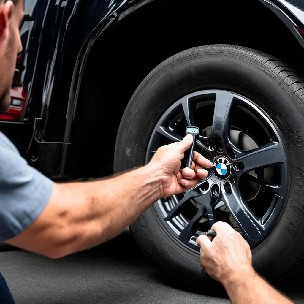 Mechanic inspecting a flat tire on a BMW X3