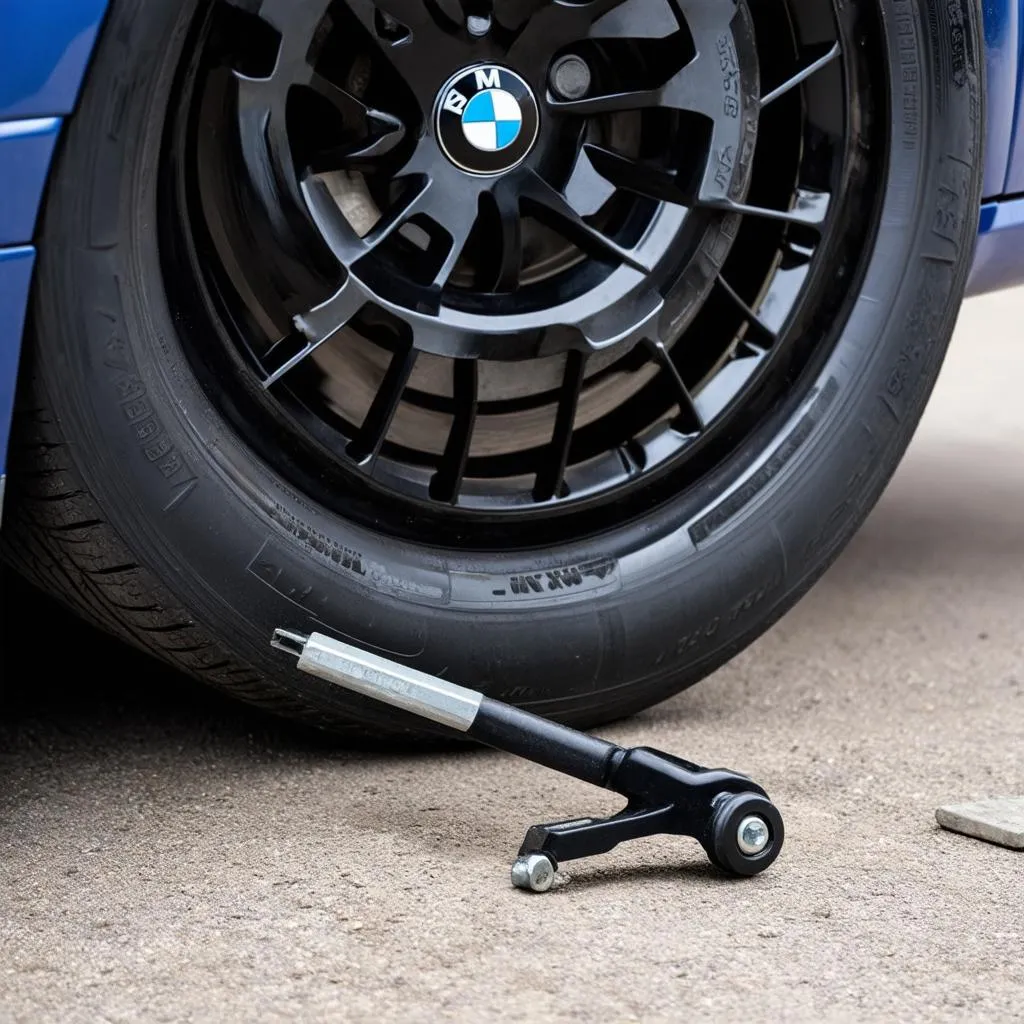 Tools for changing a flat tire on a BMW X3