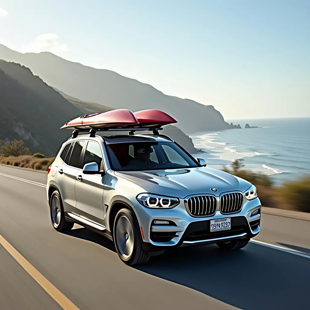 BMW X3 with roof rack carrying kayaks