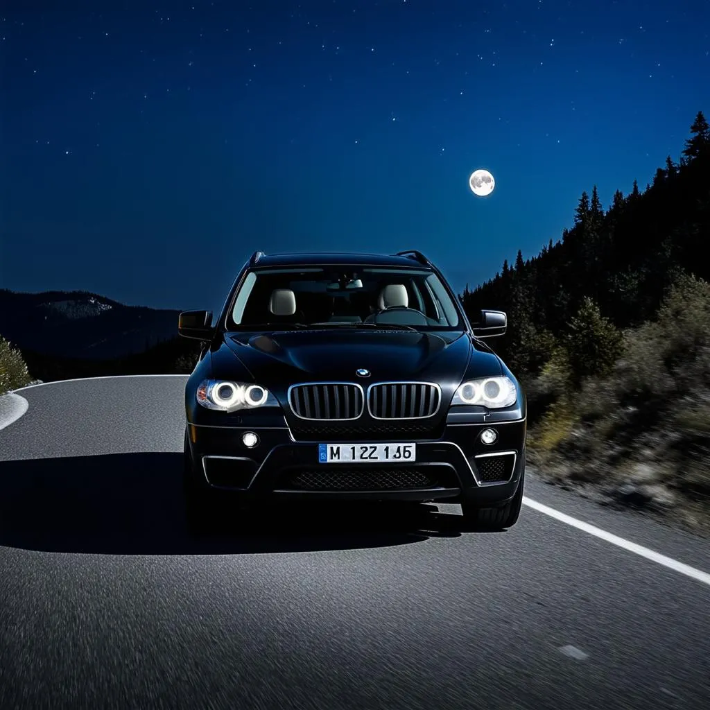 A black 2009 BMW X5 driving down a scenic mountain road at night