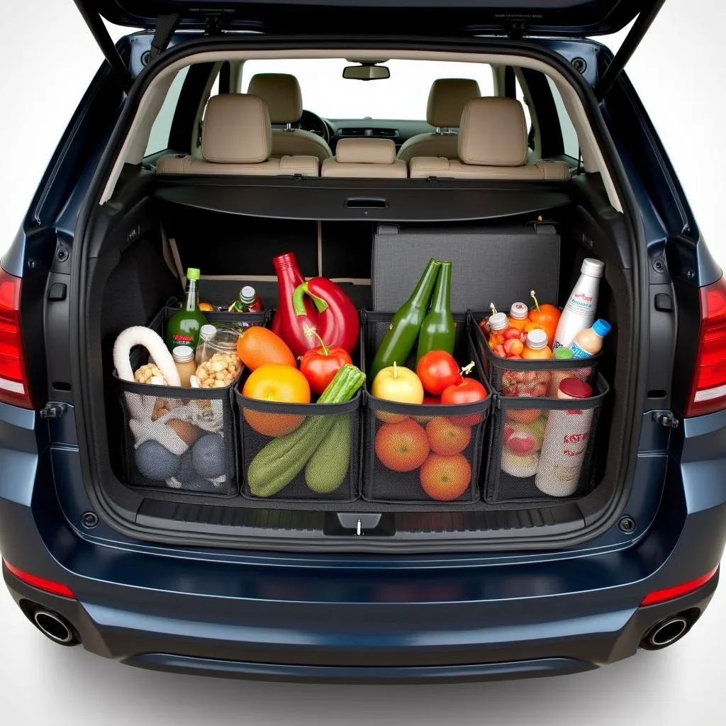 BMW X5 Trunk Organizer with Groceries and Sports Equipment