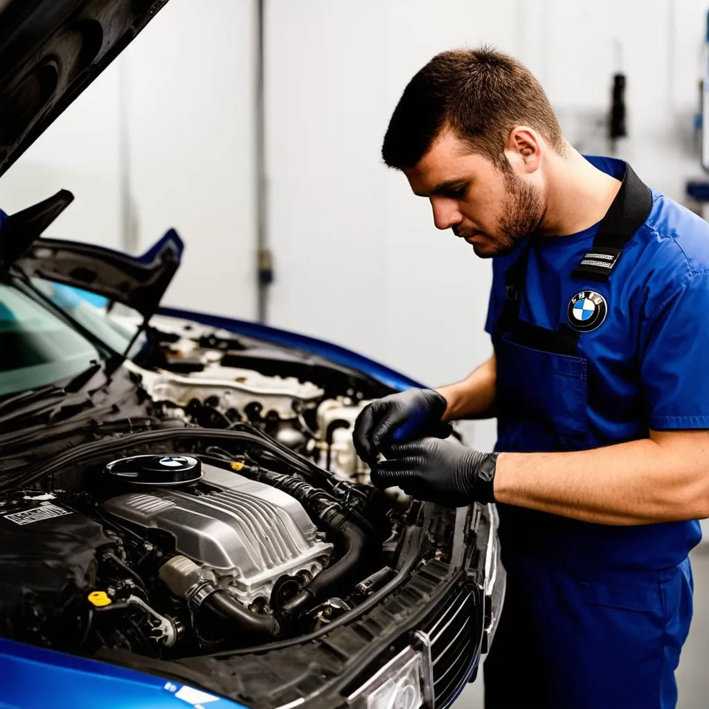 BMW mechanic working on engine swap