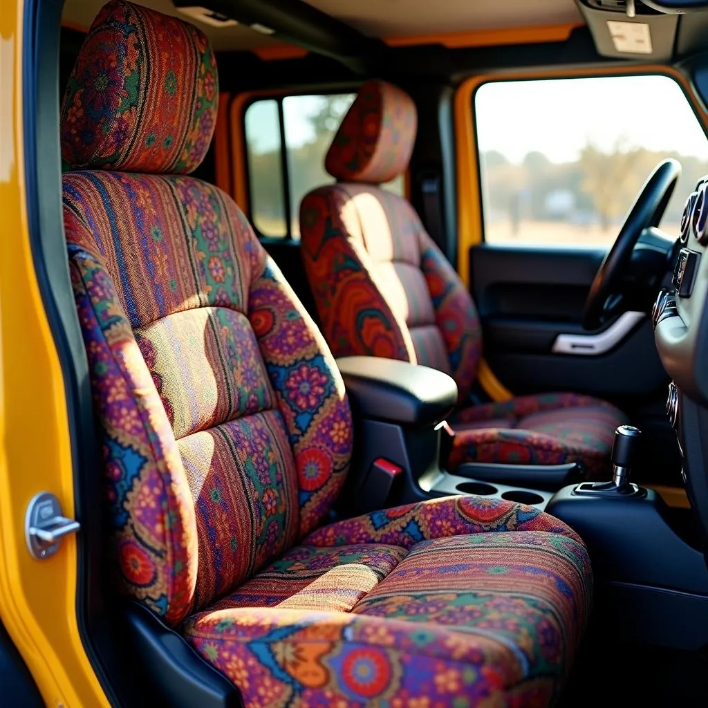 Boho car seat covers in a Jeep Wrangler