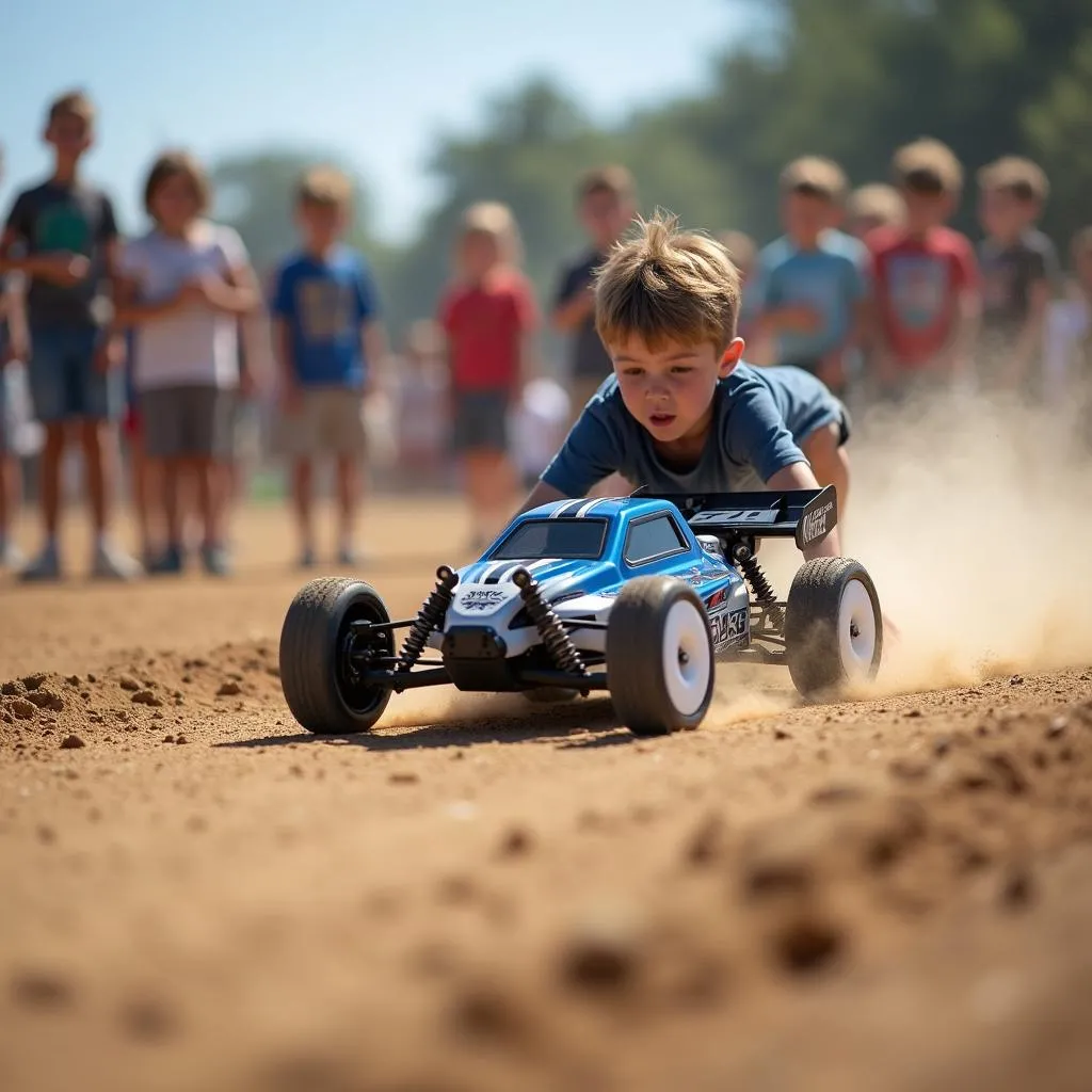 A young boy racing his 1 14 scale RC car on an outdoor track.