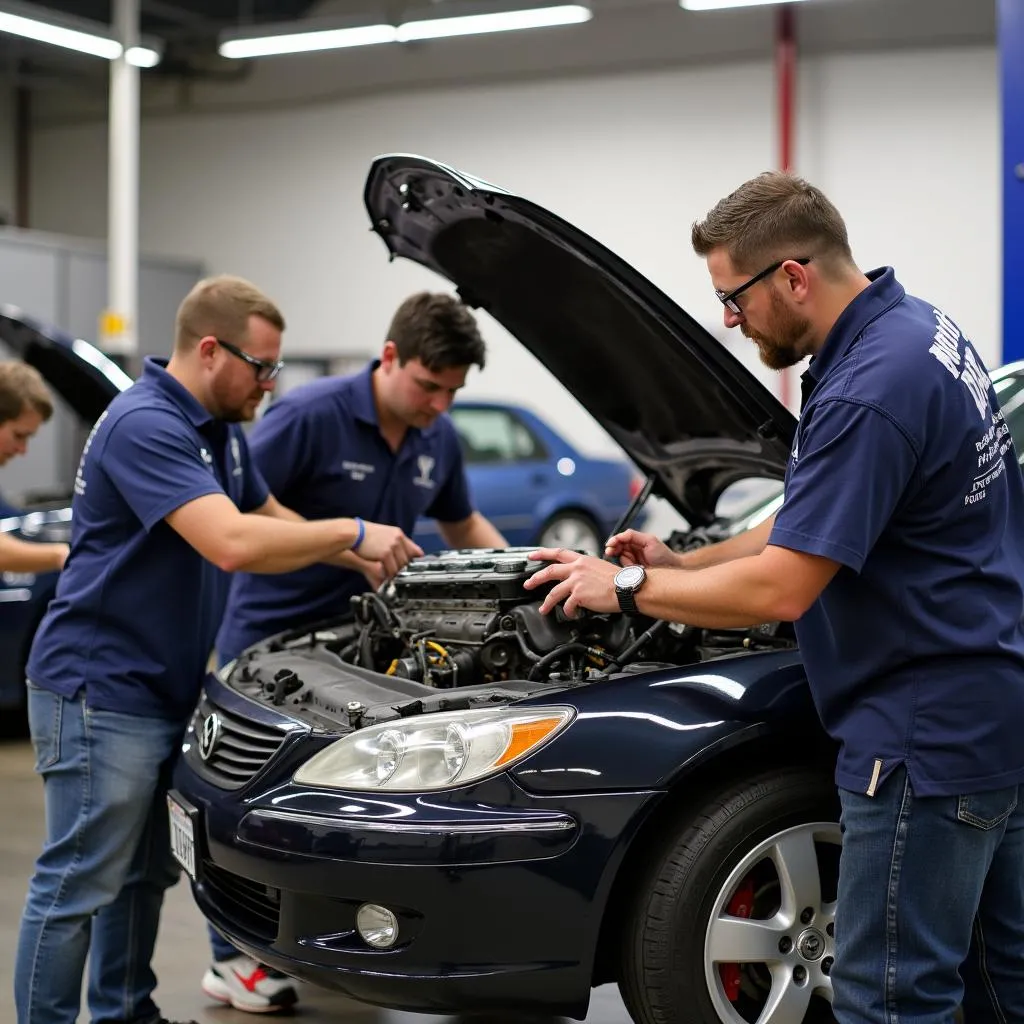 Students working on a car engine in an automotive shop