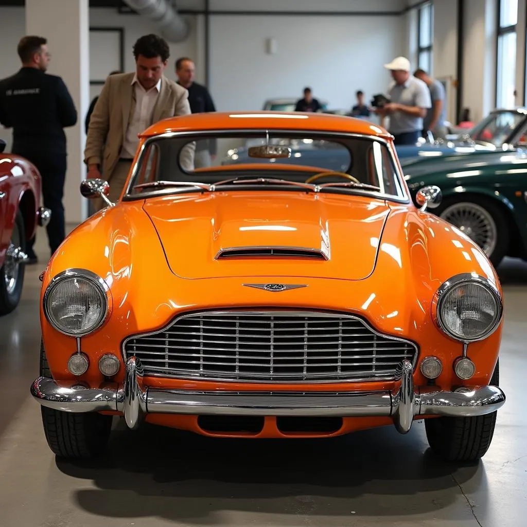 A classic British sports car painted a vibrant orange color