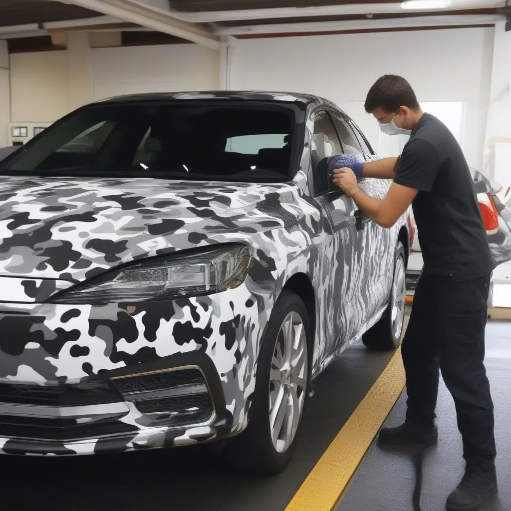 black and white camouflage car wrap