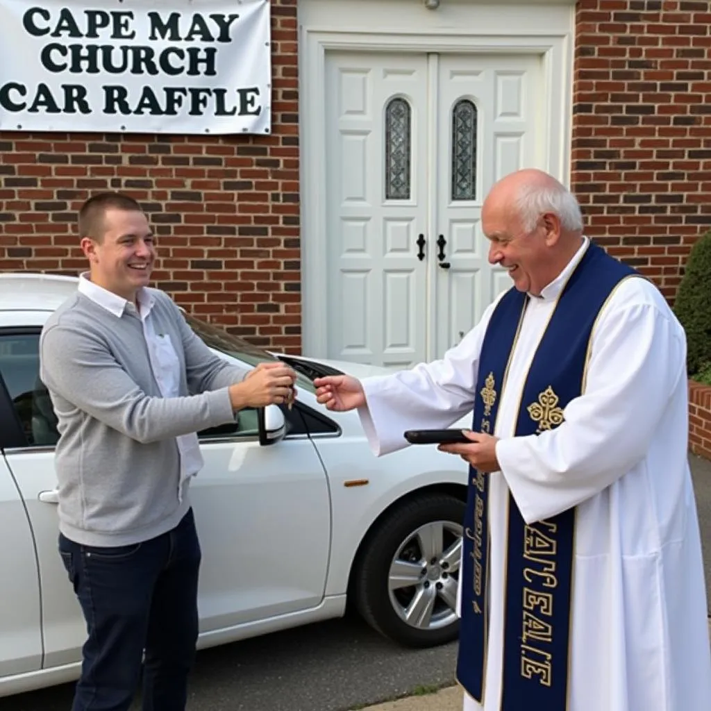 Excited winner receiving keys to a brand new car at a church car raffle event in Cape May