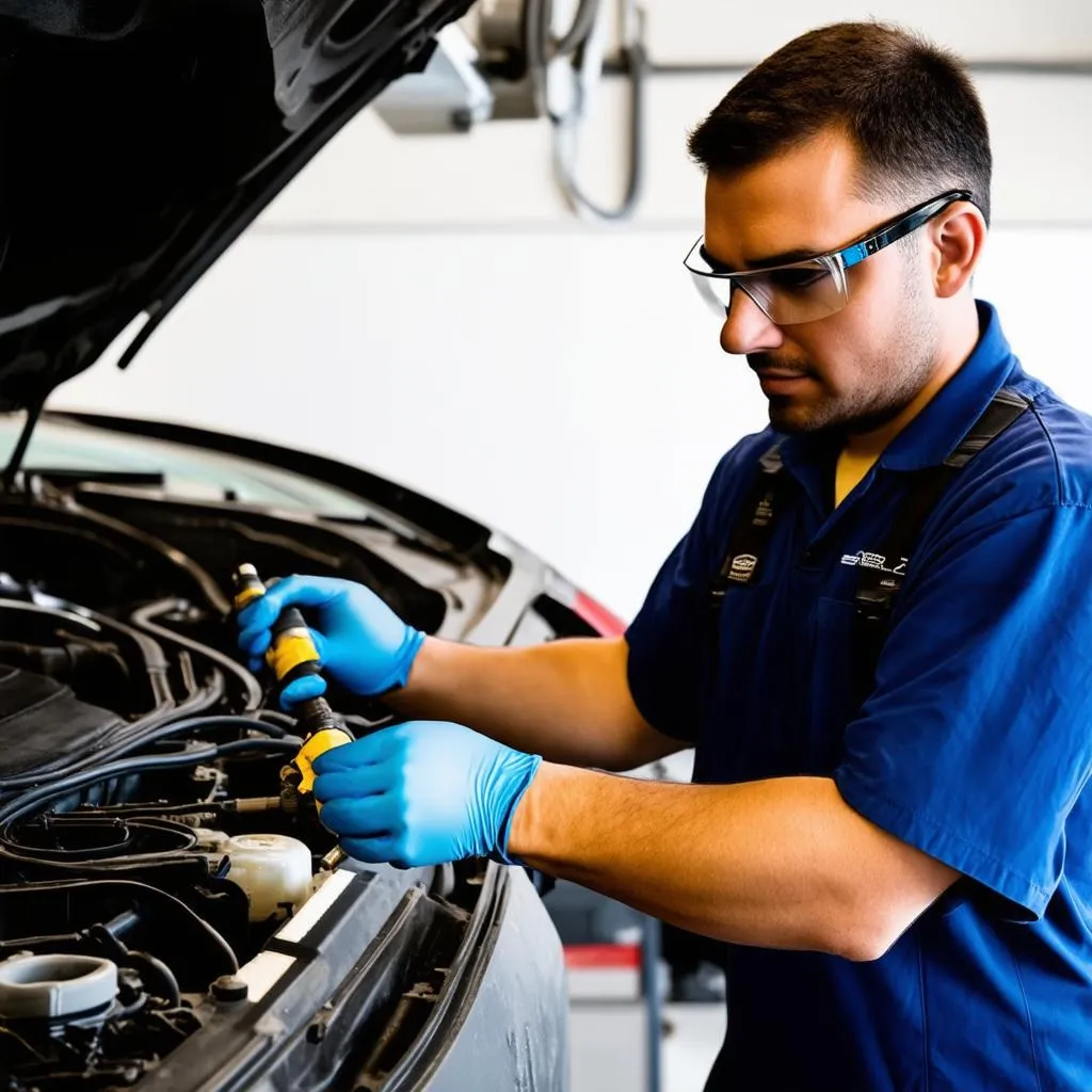 Mechanic repairing a car AC system